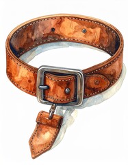 Watercolor Style Brown Leather Dog Collar with Metal Buckle on White