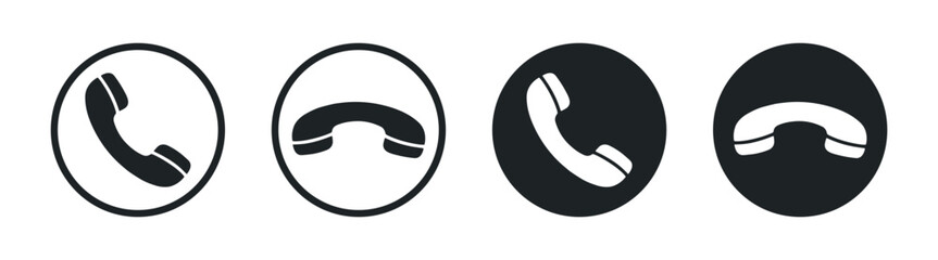 Phone call icons set, telephone handset symbols, contact communication buttons on transparent background