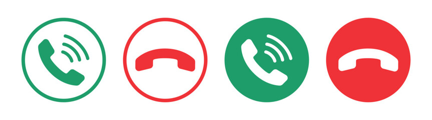 Phone call icons set, accept and decline buttons, telephone handset symbols, mobile communication interface elements, green and red circular call signs vector on transparent background