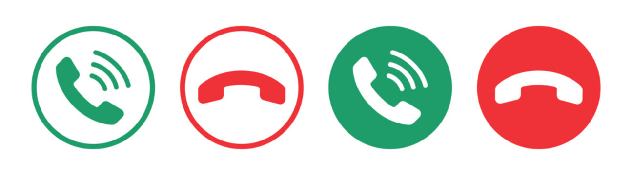 Phone call icons set, accept and decline buttons, telephone handset symbols, mobile communication interface elements, green and red circular call signs vector on transparent background