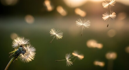Obraz premium Dandelion flower seeds blowing in sunny green environment