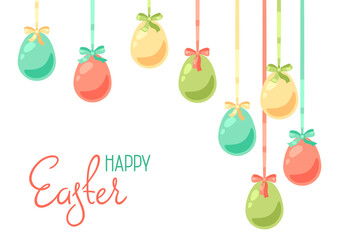 Happy Easter greeting card. Cute eggs with bows for traditional celebration.