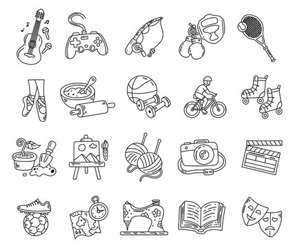 Hobby activities set in outline line art featuring music sports crafts gaming cooking travel photography reading theater tools fitness gardening sewing