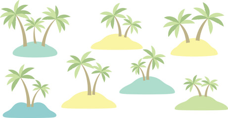 Obraz premium Soft pastel tropical island illustration set with palm trees, minimal flat vector style for summer backgrounds, kids designs, and travel graphics