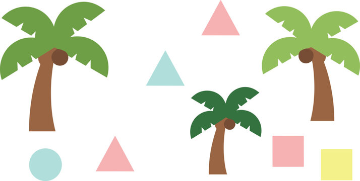 Minimal tropical palm trees illustration with geometric shapes, pastel colors, flat vector style for summer design backgrounds and wallpapers