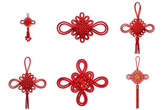 traditional red chinese knots collection, a set of decorative asian good luck symbols, isolated on a transparent background.