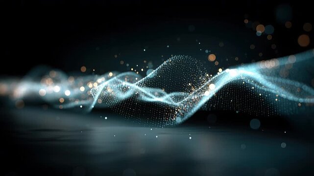 Glowing Digital Energy Wave Flowing Through Dark Space With Floating Particles