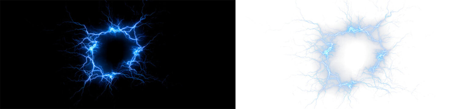 Blue lightning streaks across stormy clouds with glowing neon edges. Sparks scatter in the dark sky, adding realistic energy to the scene. PNG overlay effect 