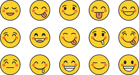 Fototapeta premium Smiling emoji face set with happy silly playful expressions yellow emoticon vector illustrations isolated