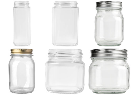 collection of various empty transparent glass jars, ideal for food storage, canning, kitchen organization, and product mockups.