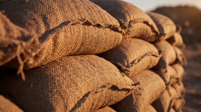Stacked burlap sacks create a barrier against the sun in a desert landscape, showcasing texture and resilience in the arid environment.