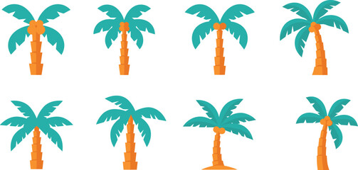 Colorful flat palm tree icon set with coconuts, modern tropical vector illustrations for summer designs, travel branding, logos, and beach themes © Sohel Creative