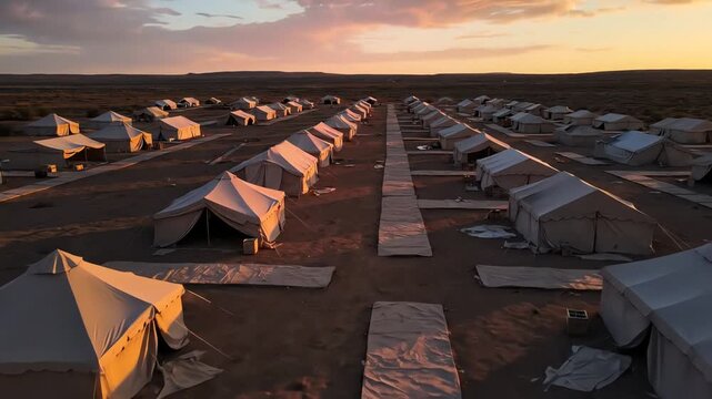 Tents stand in organized rows across the arid desert landscape at sunset, creating a temporary settlement under the vast sky, evoking a sense of community and resilience.