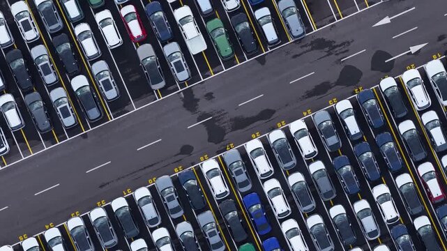 Aerial view of orderly rows of parked cars create a captivating geometric pattern on the dark asphalt, Trieste, Friuli-Venezia Giulia, Italy.
