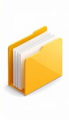 Isolated Yellow Isometric Folder Icon with White Papers on White Background