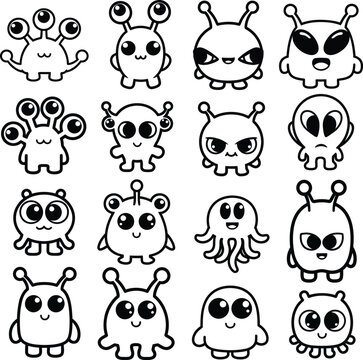 A collection of cute and expressive monster doodles in a 5x5 grid Vector