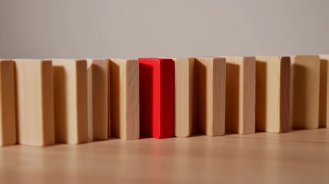 Distinctive red block standing out in a row of neutral-toned wooden blocks