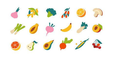 Fototapeta premium Different fruit, berries, and vegetables doodle set. Various agricultural crops: banana, beet, broccoli, peach, and garlic. Organic farm food. Flat isolated vector illustrations on white background