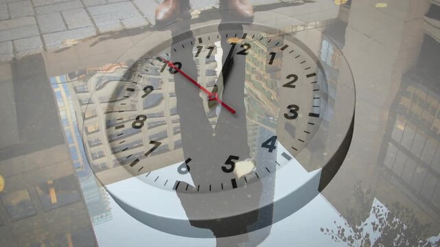 Man stepping forward by puddle on sidewalk, causing clock overlay rotating, marking time for design
