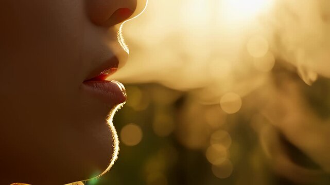 Woman Exhaling Vapor in Golden Sunlight, Relaxing in Nature