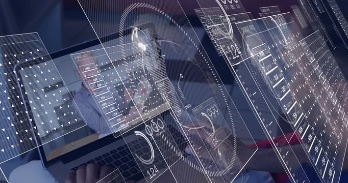 Presenter initiating finance demo while laptop user interacting, overlays sliding in, values rising