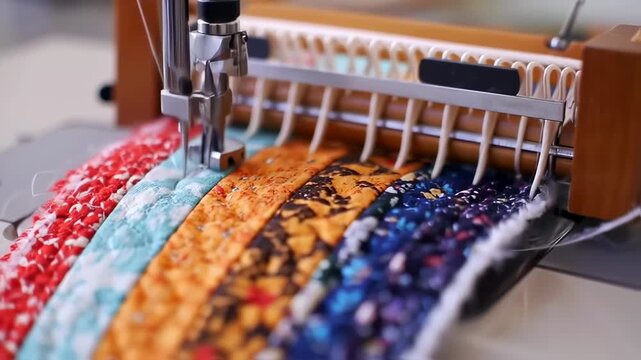 Crafting with Precision: Close-Up of Quilting Machine in Action and Colorful Fabric