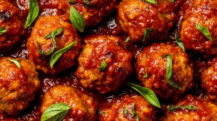 Savor the sight of succulent meatballs nestled in thick, zesty tomato sauce, topped with fresh basil leaves for an aromatic touch. Perfect for a hearty meal