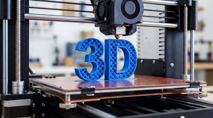 3D printer creating blue 3D letters on copper plate