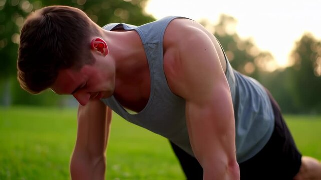 Dedicated Young Man Doing Push-ups Outside in the Park on a Sunny Day Video