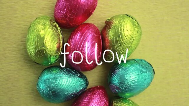 Cluster of foil eggs animating with radial strokes appearing and tilting camera, emphasizing follow