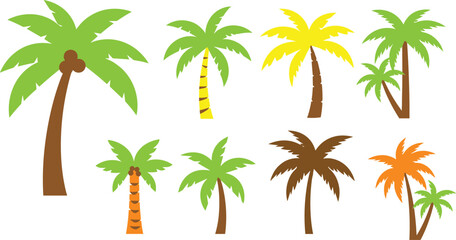 Palm tree illustration set, colorful tropical coconut palms collection, flat vector summer beach island greenery icons and nature design elements © Sohel Creative