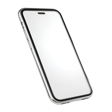 Modern smartphone with clear protective case and blank white screen tilted slightly to the right.