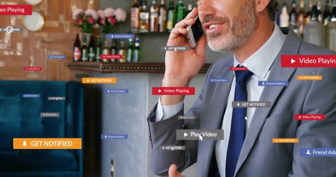 Man lifting phone to ear in cafe, UI badges appearing near cup, clustering on business call