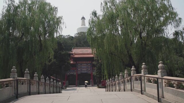 View of the white tower in Beihai Park in Beijing, China.
