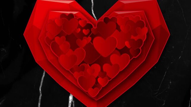 Faceted border appearing starting layered red heart forming, zooming, enhancing depth for closeup