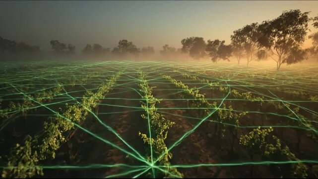 Futuristic Vineyard Monitoring Glowing Green Network Illuminating Sustainable Agricultural Technology and Precision Farming at Dawn