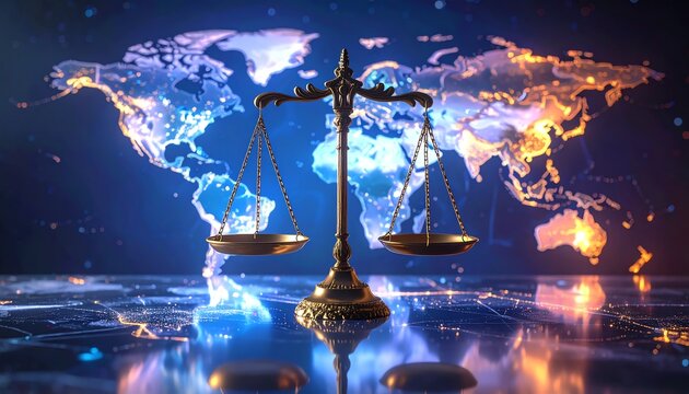 Justice balance world map glowing, symbolizing fairness, global law, international legal systems, equality, and modern judicial concepts in a connected world.