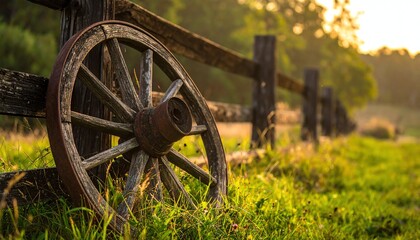 Rustic wooden wagon wheel leans against old fence, warm golden sunlight highlighting textures, evoking nostalgia, countryside charm, and peaceful rural simplicity.
