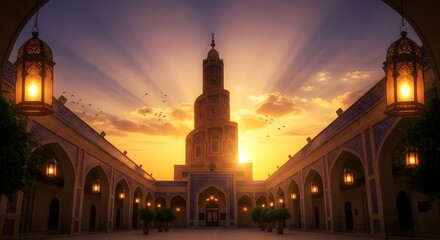 Fototapeta premium Majestic mosque courtyard at sunset with intricate Islamic architecture and glowing lanterns, evoking a sense of peace and spiritual beauty