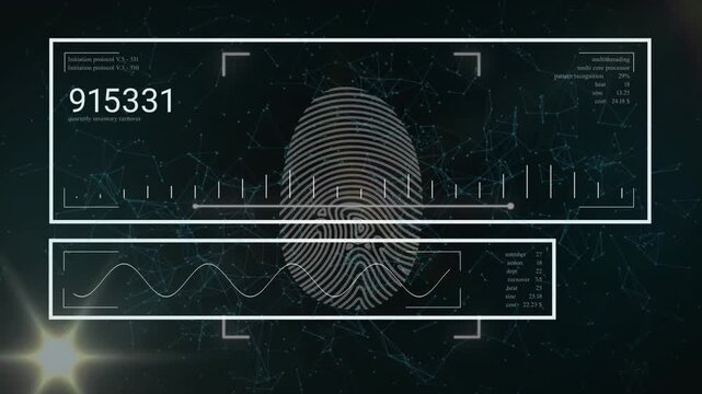 Fingerprint fading in, starting vertical scans and HUD waveform, codes updating, verifying ID
