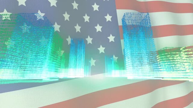 Holographic skyline and USflag rising as base glow brightening spirals rotating forming data city