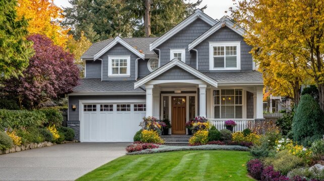 A two story gray suburban home stands proudly with a white garage door and welcoming front porch