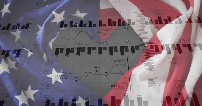 US flag with overlay charts, vertical bar appearing starting charts forming to reveal data