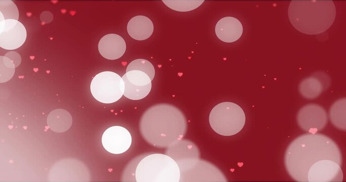 Bokeh circles entering left, drifting center, pulsing while hearts floating, looping on deep red