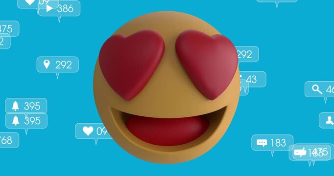 Social bubbles entering left drifting behind emoji counting peaking fading representing engagement