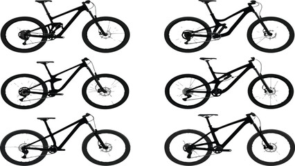 Bicycle silhouettes set, black mountain bike icons, side view cycle vector pack, editable transport illustration for outdoor and sport design © MDABU