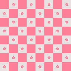 Pastel pink and white checkered seamless pattern with cherry blossom flowers.