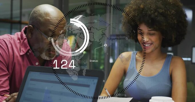 Mentor leaning to laptop starting HUD globe, rings animating data, mentee writing, guiding business