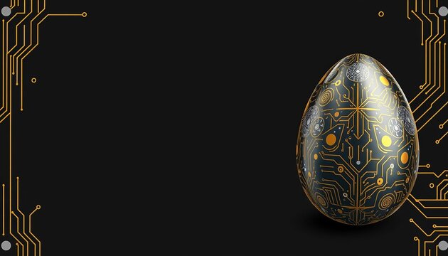 A futuristic Easter egg with circuit board design on a black background with gold accents