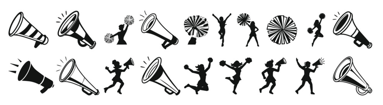 cheerleader megaphones and pom poms cheer horn icons set